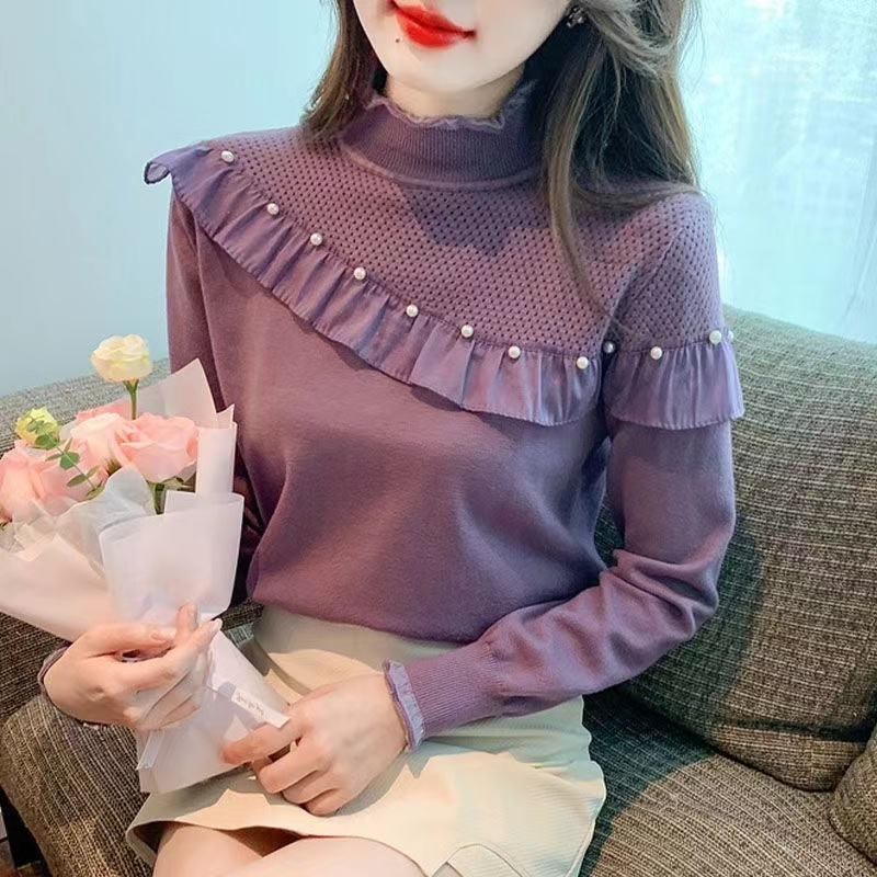 秋冬季2023新款半高領針織打底衫女設計感高端洋氣釘珠荷葉邊上衣