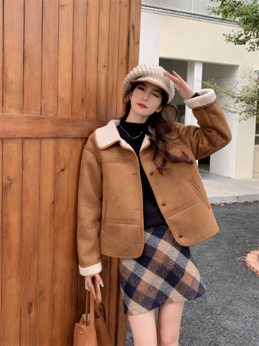 Actual shot~Korean style American retro deerskin velvet lambswool warm long-sleeved jacket