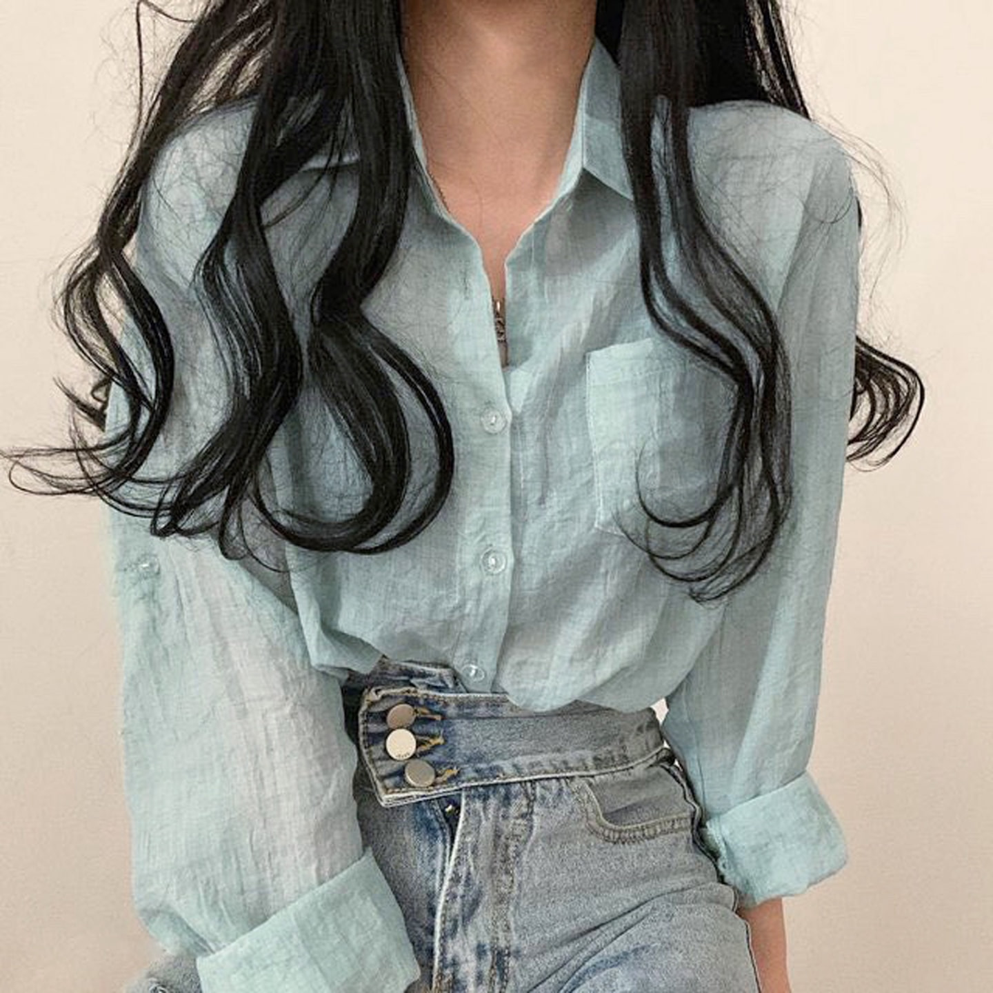 韓國chic 夏日 冰淇淋色系 長袖防曬襯衣 女輕薄襯衫