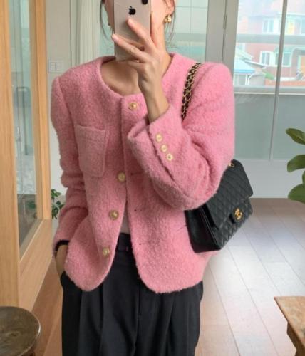 Dongdaemun, South Korea~Pink woolen short coat metal button loose pocket top autumn and winter new style