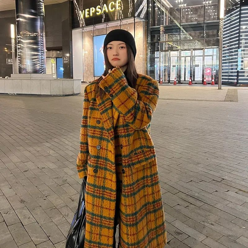 Plaid Woolen Jacket New Contrast Color Plaid Woolen Jacket Women's Loose Forest Long Korean Coat