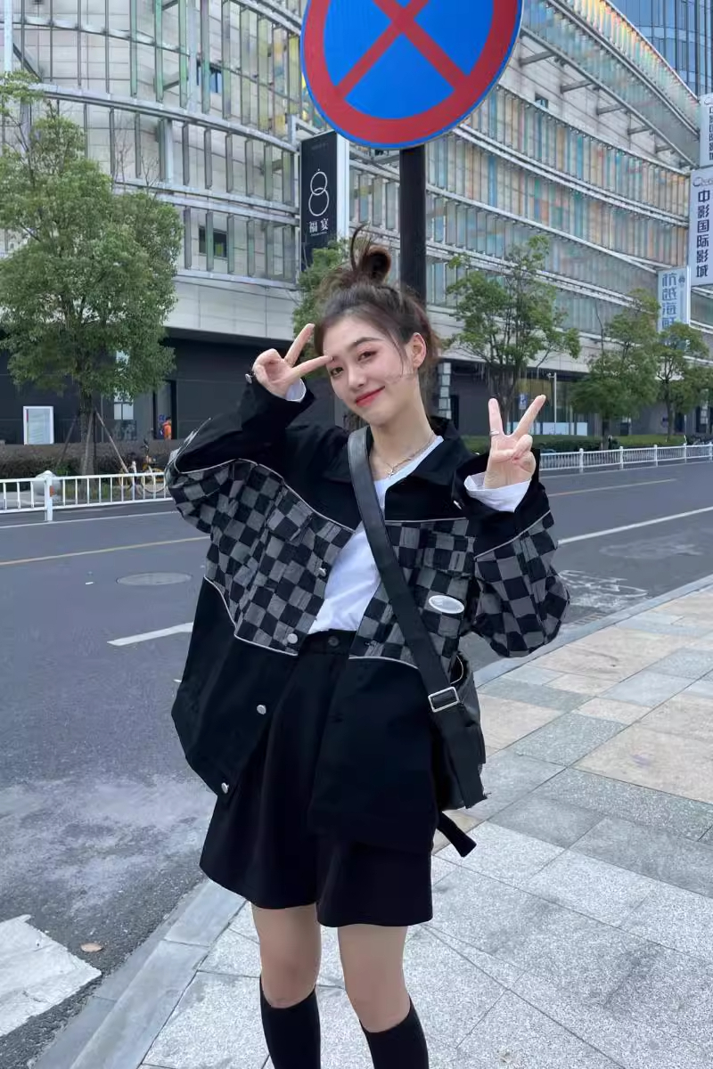 黑色棋盤格牛仔外套女春秋寬鬆韓版