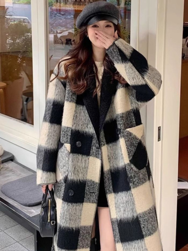 2023 autumn and winter mid-length large version black and white large plaid reversible Korean style Korean woolen jacket for women