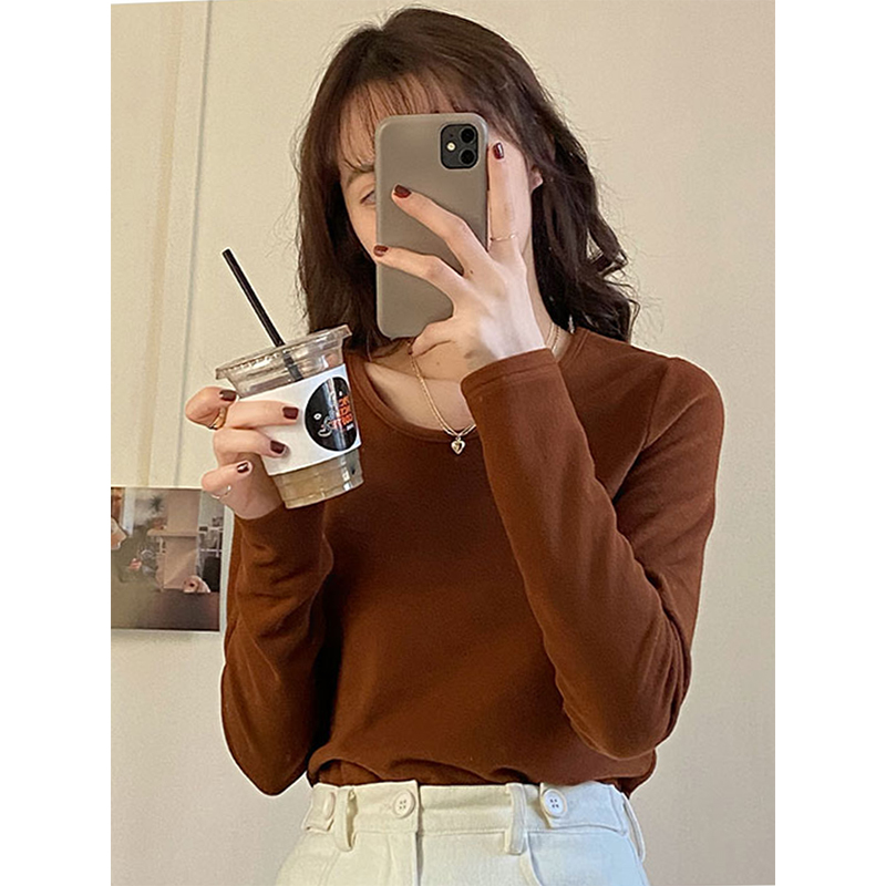 實拍加厚磨毛打底衫女秋冬內搭長袖圓領/V領修身顯瘦保暖上衣
