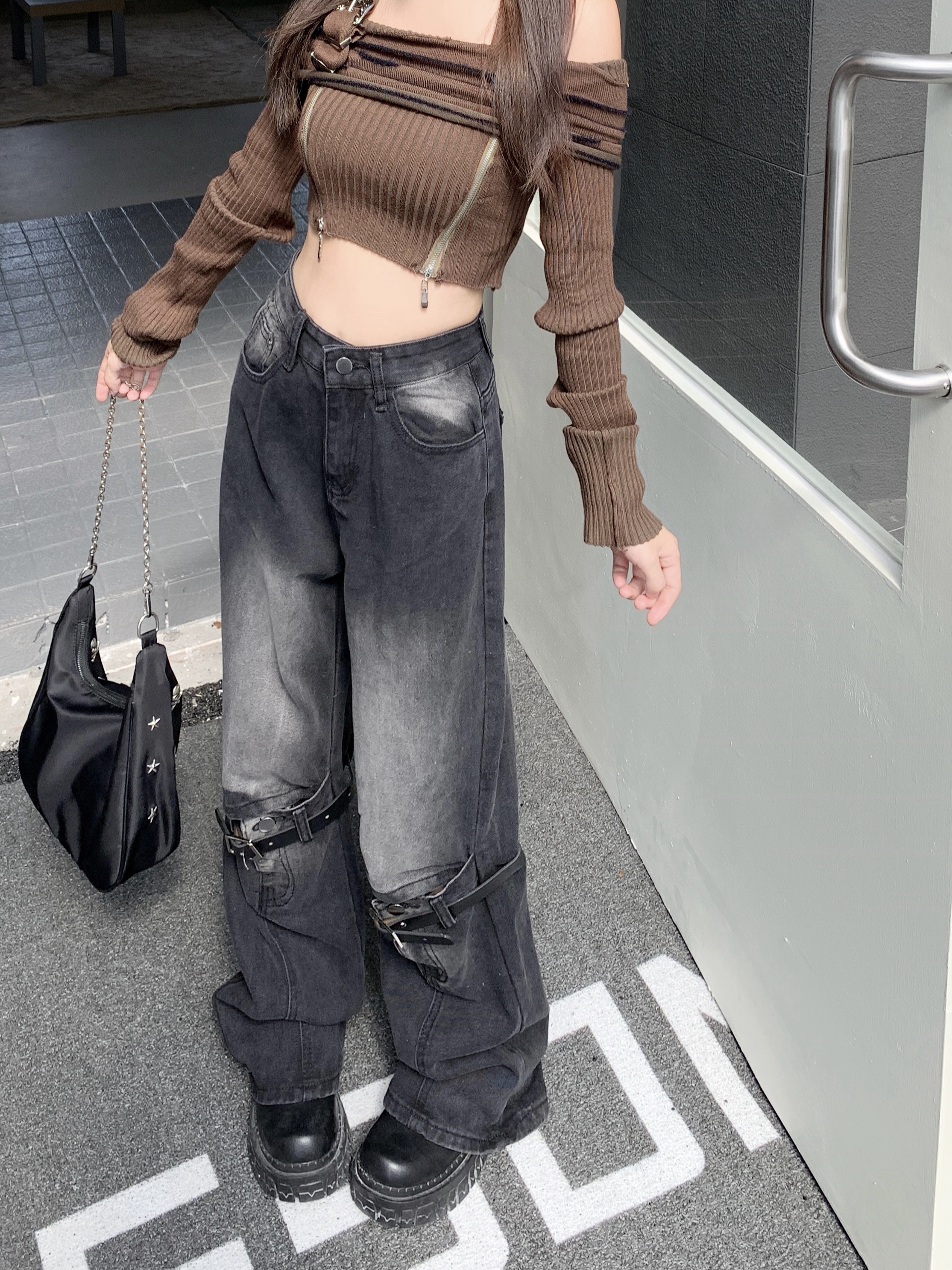 實拍！！復古拼接破洞牛仔褲女高街設計感寬鬆直筒闊腿拖地褲
