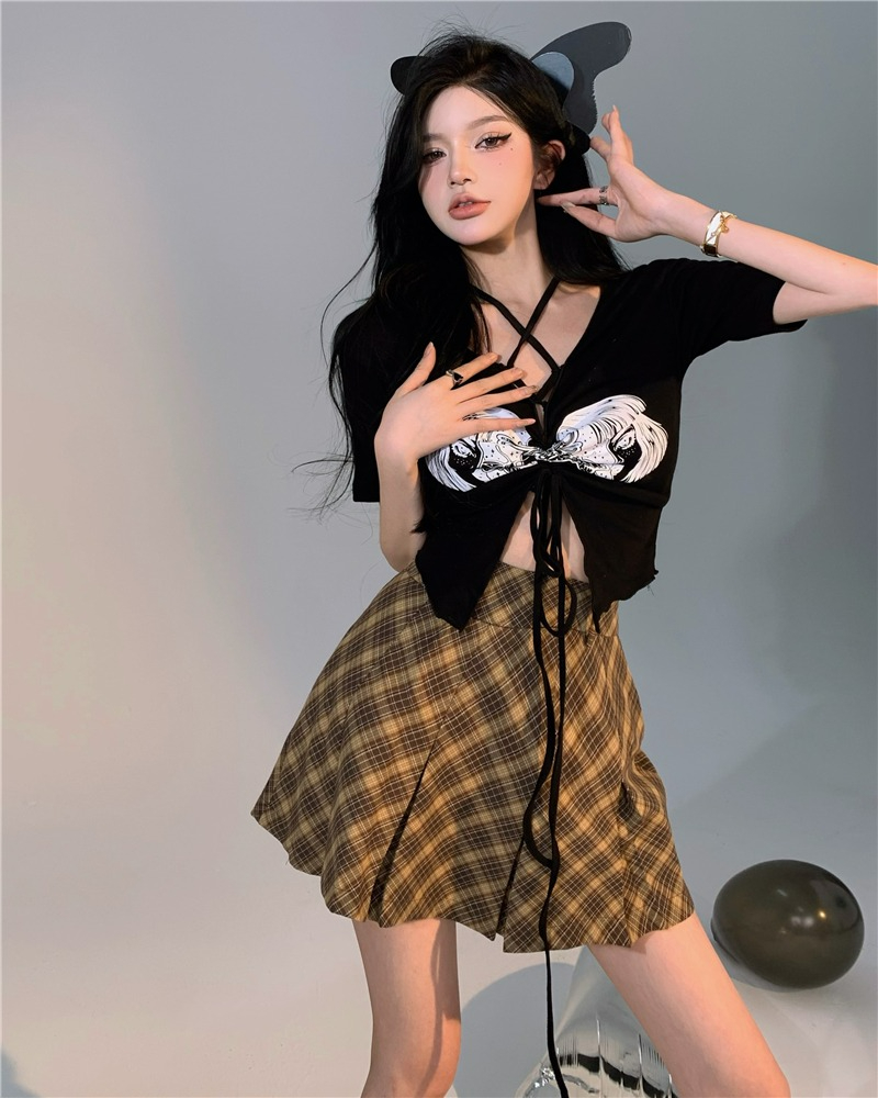 辣妹短袖t恤女設計感小眾夏季胖MM黑色短款不規則掛脖上衣ins