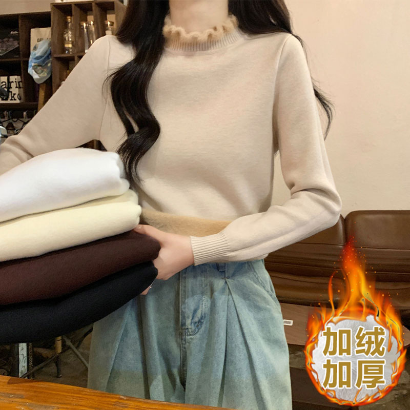 實拍一體水貂絨針織打底衫女秋冬保暖加厚毛衣內搭半高領上衣
