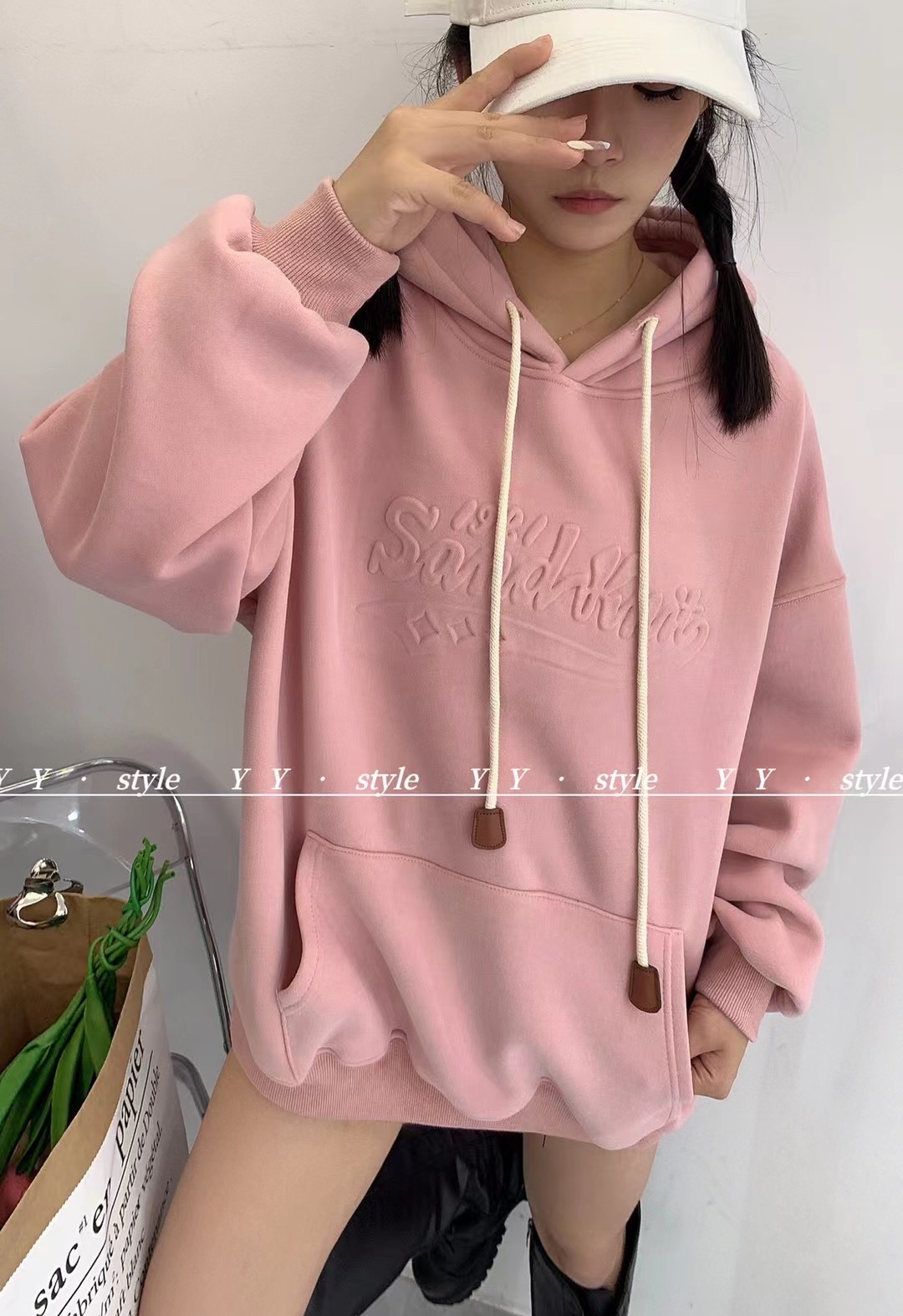 加絨加厚衛衣女2023秋冬新款休閒寬鬆美式壓花上衣連帽外套