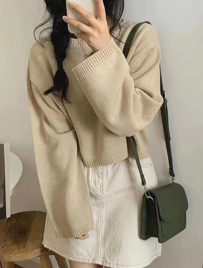 韓國chic秋冬慵懶風毛衣純色寬鬆小個子短款長袖圓領套頭針織衫女