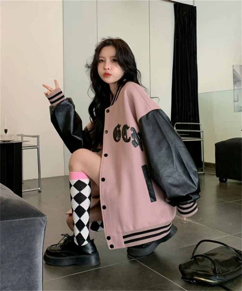 Sweet cool leather pink baseball uniform for women spring and autumn 2023 new student loose retro American splicing jacket jacket