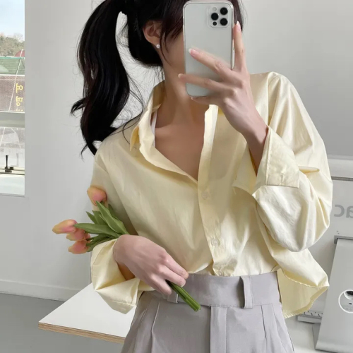 ！韩国chic 白色衬衫女春秋设计感小众宽松小个子上衣衬衣