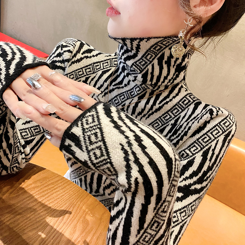 高領毛衣女打底針織衫時尚洋氣撞色百搭新款秋冬修身女士內搭上衣