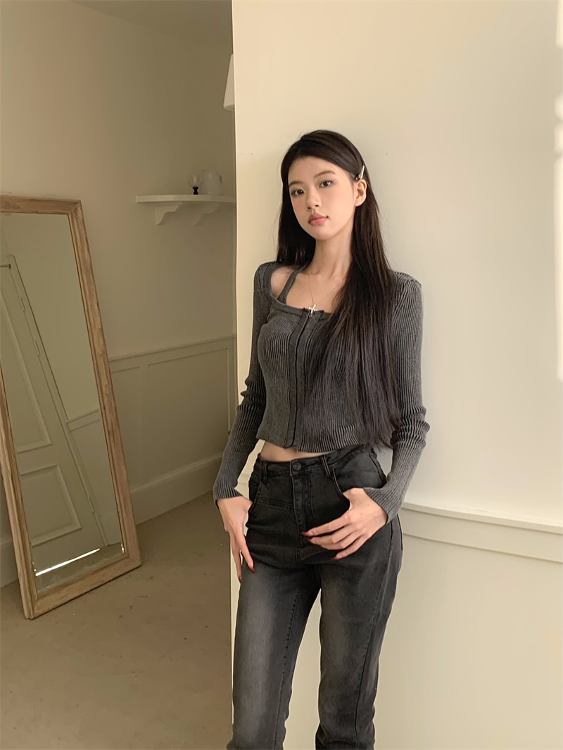 實拍 時尚設計感復古針織掛脖針織毛衣兩件套