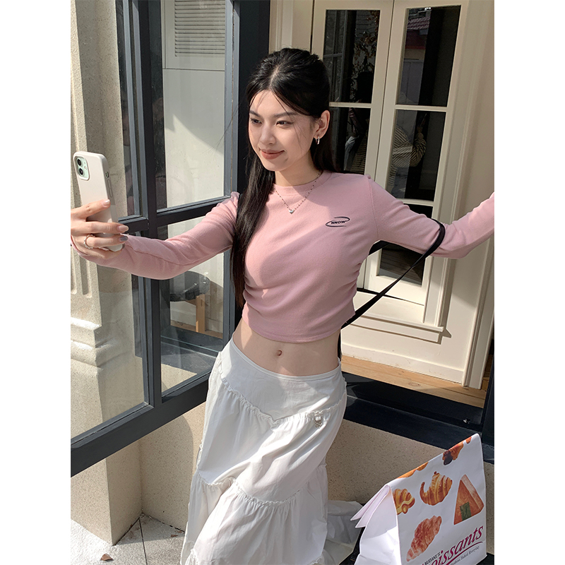 實拍美式正肩長袖T恤女秋冬內搭短款修身收腰印花打底衫上衣潮
