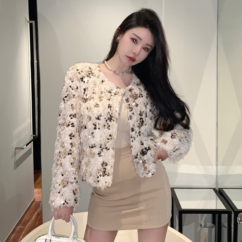 Real shot of socialite Xiaoxiang style sequined fur cardigan autumn and winter 2023 niche chic loose long-sleeved top outer wear