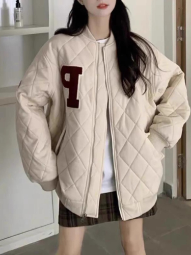 Autumn and winter retro Hong Kong style rhombus baseball cotton jackets for men and women, lazy style, Korean version, loose and versatile, warm cotton jackets, trendy
