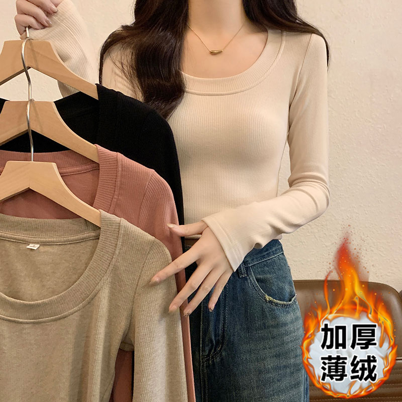 實拍坑條低領磨毛打底衫女秋冬加厚長袖t恤修身短款鎖骨上衣