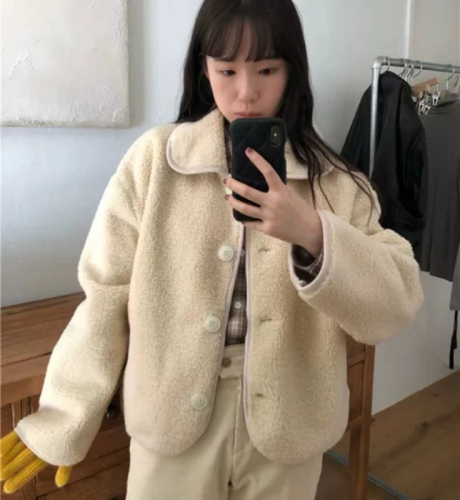 Autumn and winter new Korean style lazy style loose slimming warm and cold-proof outer lamb wool casual jacket