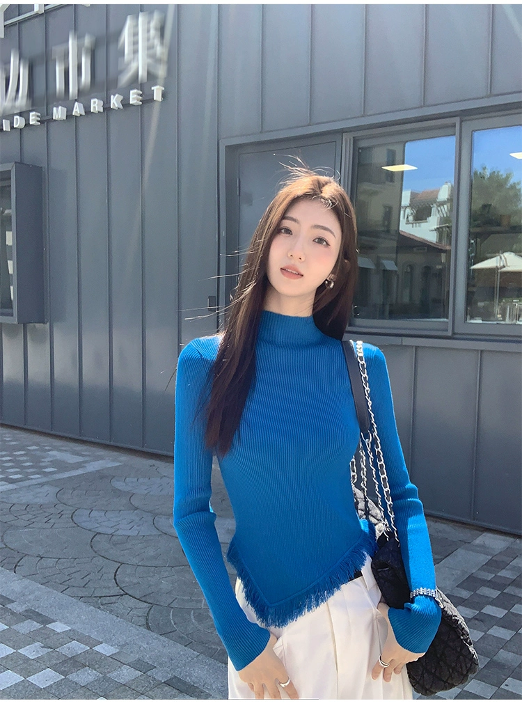 MULVAN半高領針織衫女2023秋冬修身顯瘦打底衫設計感內搭長袖上衣