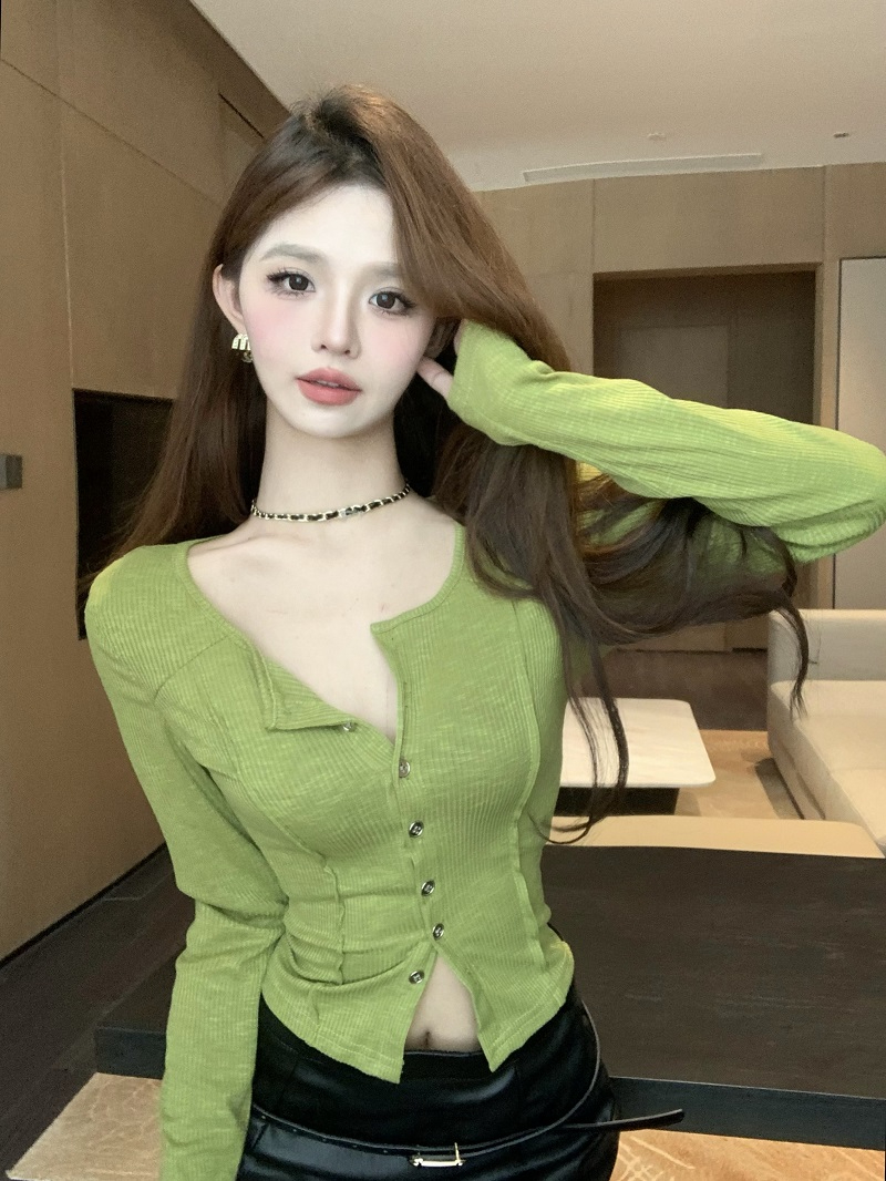竹節棉 綠色長袖T恤女秋冬新款純欲辣妹修身短款上衣內搭打底衫