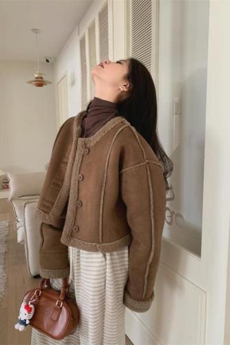 Real shot winter round neck lamb fur all-in-one short thickened small fragrant cotton jacket