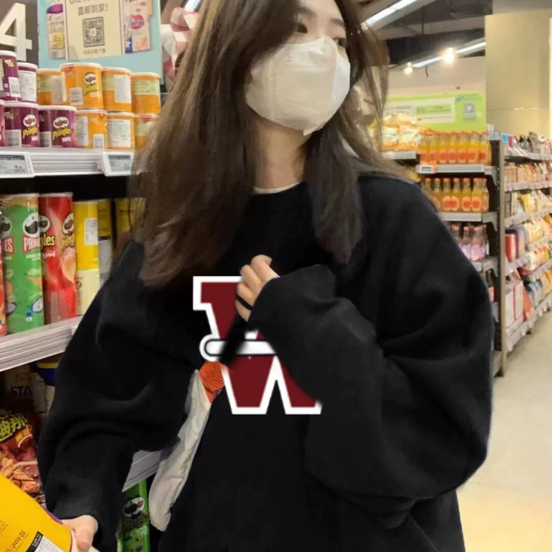 美式圓領加絨衛衣女寬鬆oversize落肩復古vibe高級感上衣