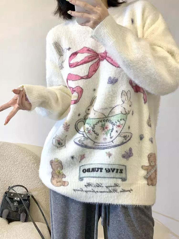 仿貂絨質量日系休閒卡通甜美多巴胺情侶女毛衣潮