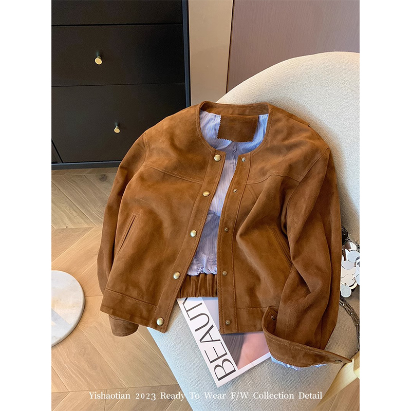 Official picture suede composite milk silk retro jacket women's spring and autumn loose short jacket top