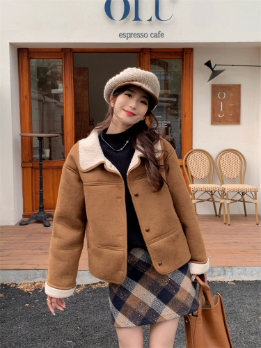 Actual shot~Korean style American retro deerskin velvet lambswool warm long-sleeved jacket