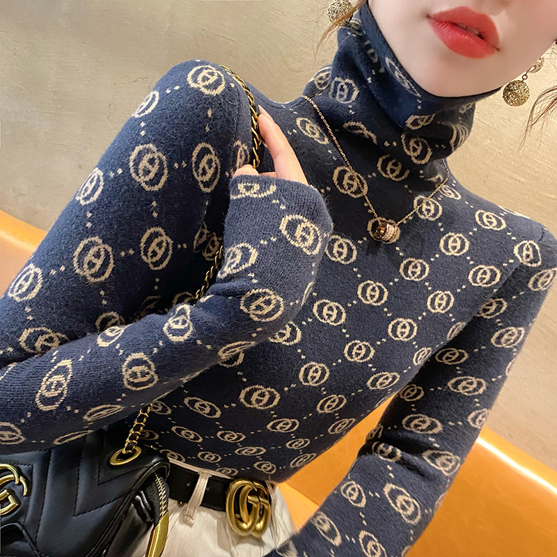 高領毛衣女打底針織衫時尚洋氣撞色百搭新款秋冬修身女士內搭上衣