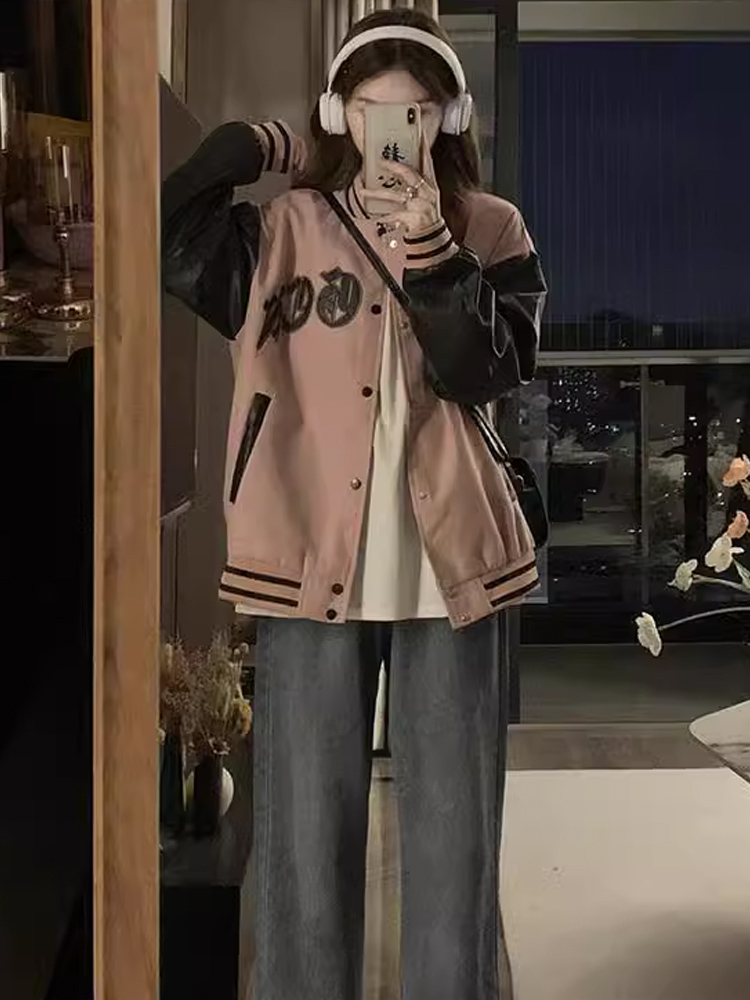 Contrast color baseball uniform jacket for girls spring and autumn junior high school and high school students loose casual American retro jacket top