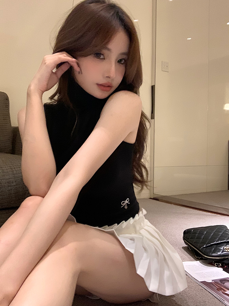 實拍 白色半高領吊帶背心女冬季加厚韓版挖肩性感修身上衣