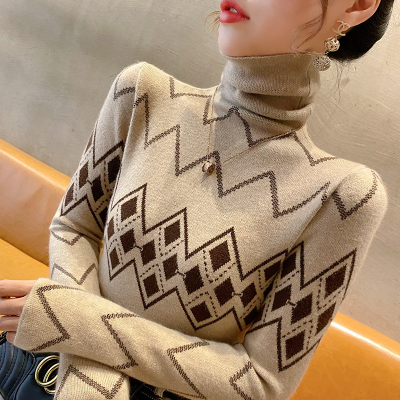 高領毛衣女打底針織衫時尚洋氣撞色百搭新款秋冬修身女士內搭上衣