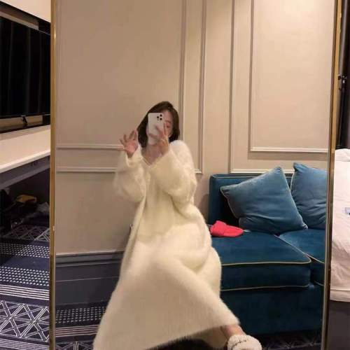 Mink wool long knee-length wool knitted dress for women autumn and winter new style loose and lazy sweater internet celebrity long skirt