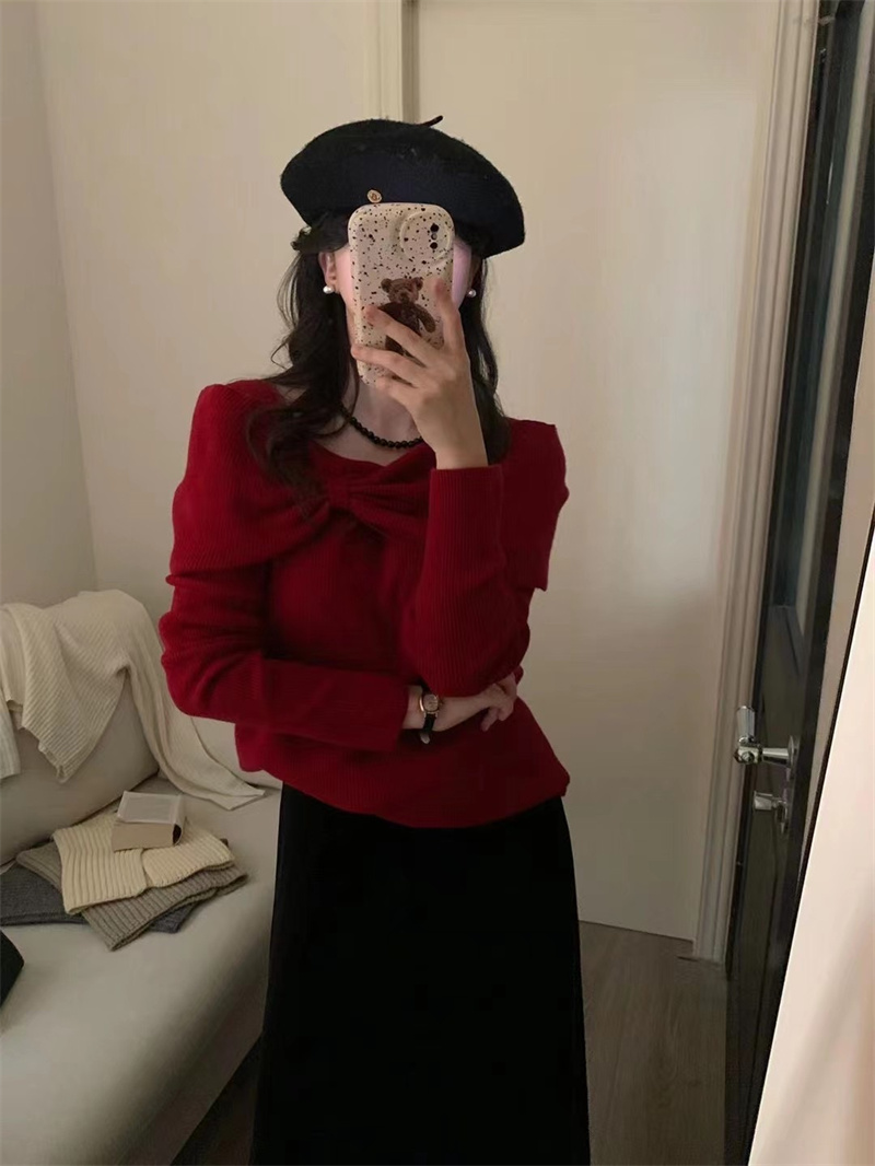 小心機紅色露鎖骨蝴蝶結內搭打底衫女秋冬冬季毛衣針織衫修身上衣