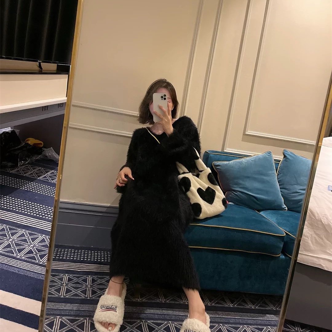 水貂絨毛衣裙女秋冬高級感氣質顯瘦御姐長款打底內搭針織連衣裙子