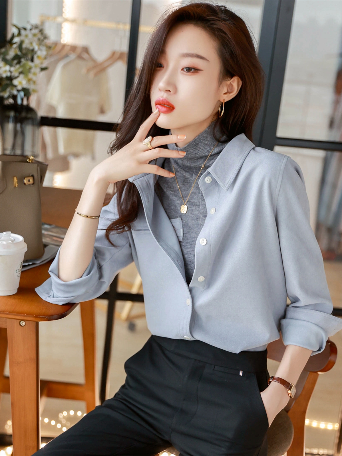 軟糯加厚襯衫 磨毛紋理 寬鬆顯瘦小眾疊穿襯衣女2023年秋冬新款