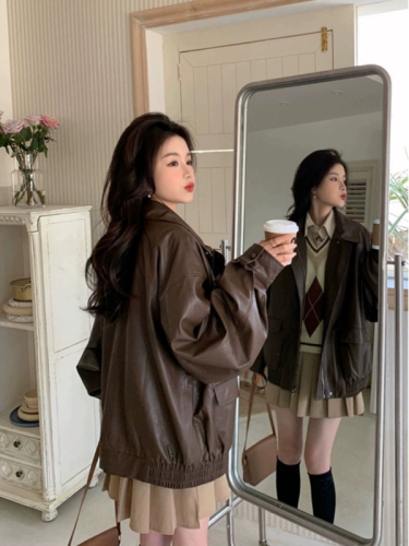 Maillard Leather Jacket Women's Spring, Autumn and Winter New American Retro Jacket Small Brown Top