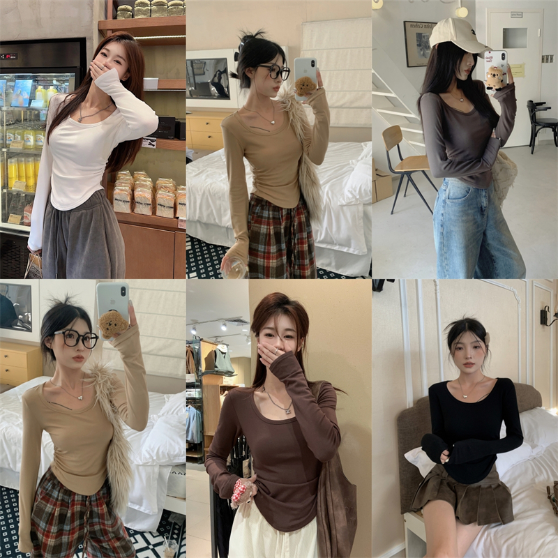 實拍：秋冬加絨保暖大U領收腰顯瘦大碼長袖打底內搭上衣女TEE