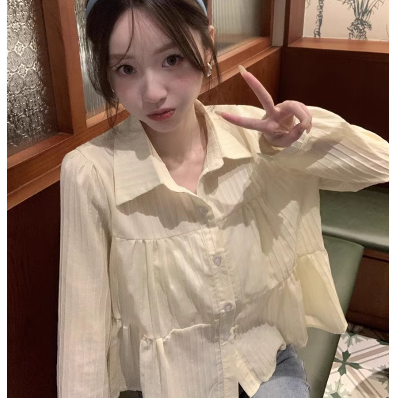 法式娃娃領長袖襯衫女2023秋季寬鬆顯瘦法式別致褶皺短款上衣