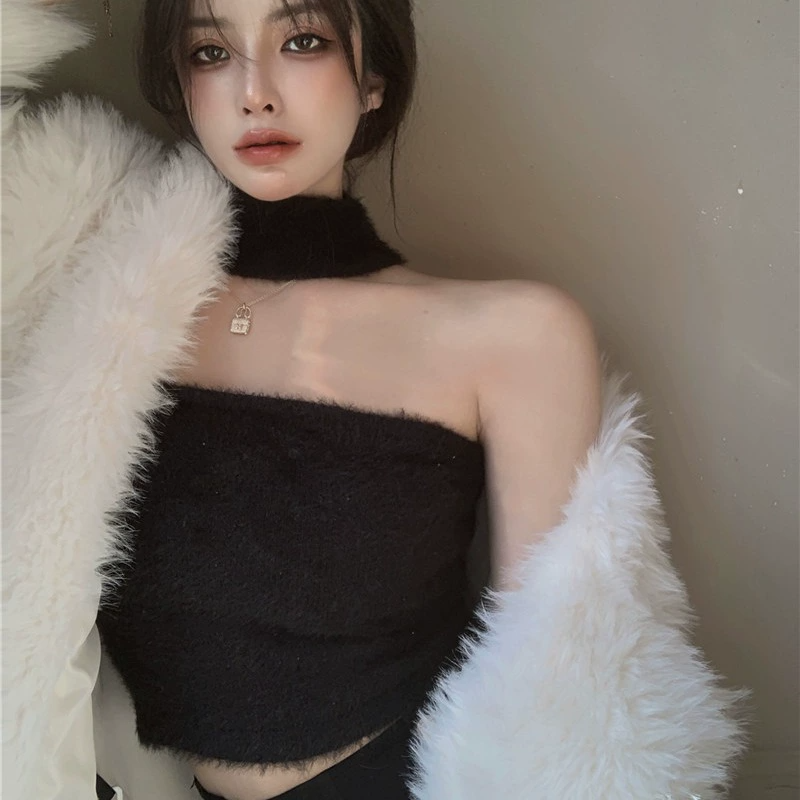皮草保暖外套女秋冬掛脖吊帶背心打底衫設計感辣妹純欲風內搭上衣