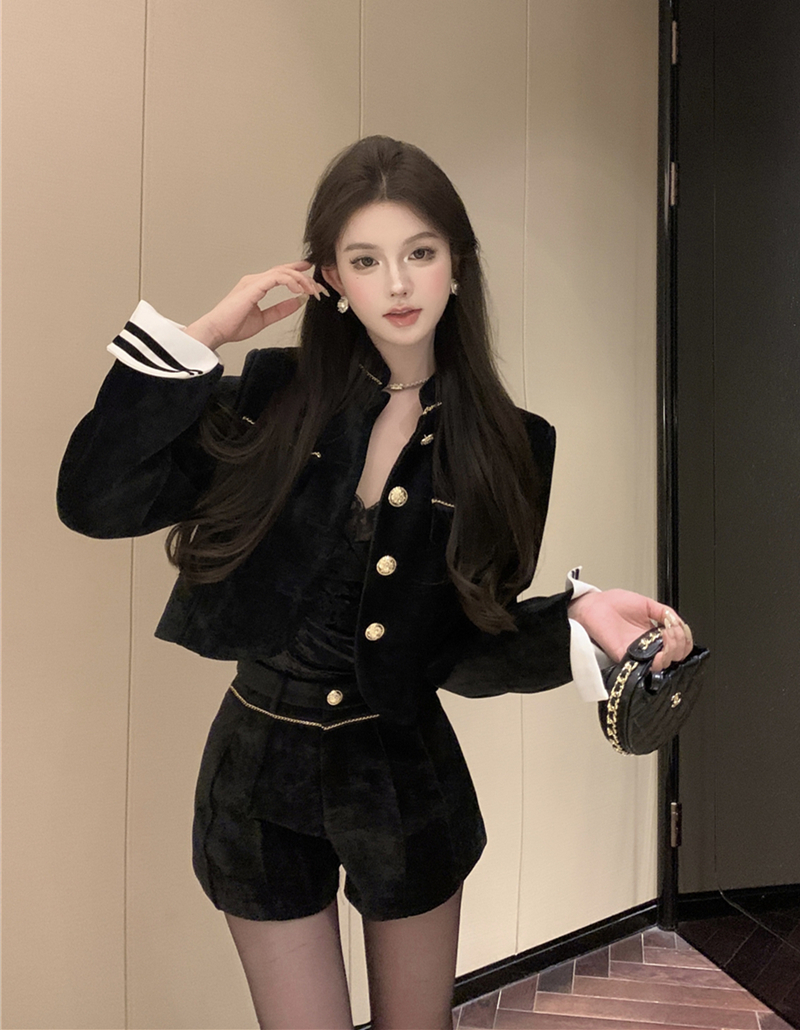 實拍復古小香風套裝時尚夾棉拼色外套+高腰短褲兩件套女