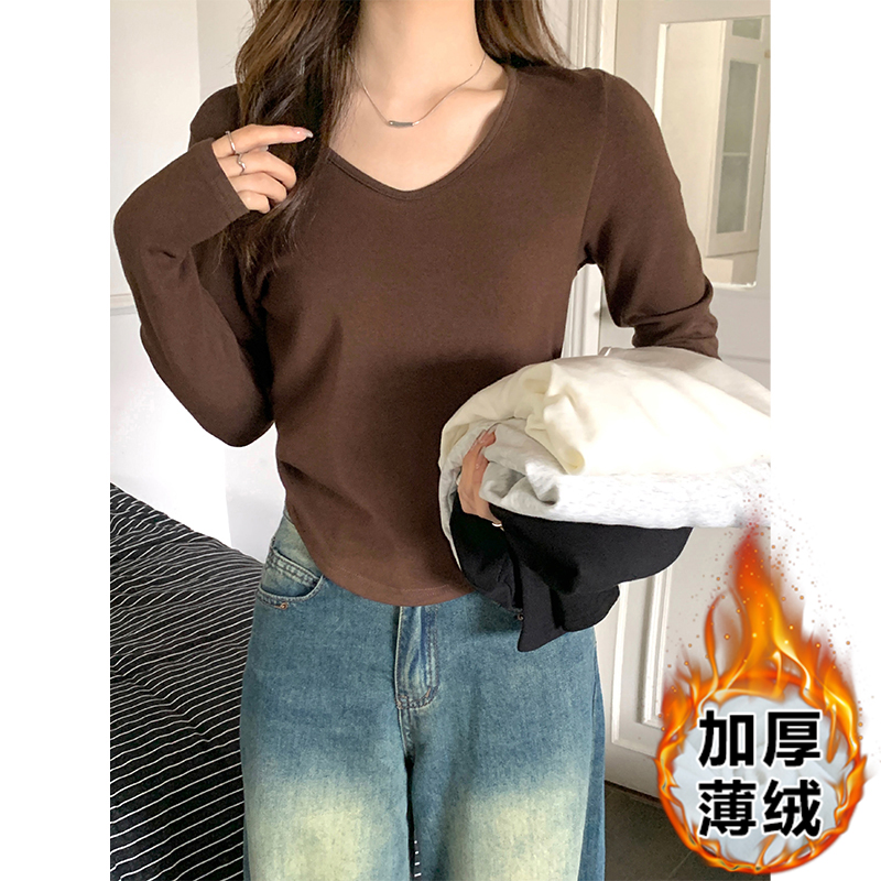 實拍純色v領磨毛打底衫女秋冬季加厚褶皺修身長袖t恤鎖骨上衣