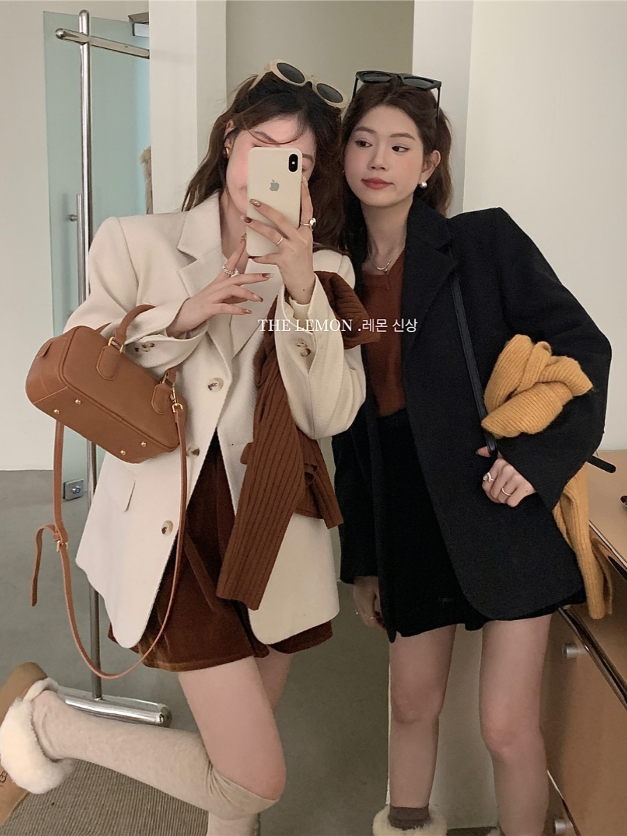 the lemon高級感氣質慵懶毛呢西裝大衣女秋冬ins短款夾棉羊毛外套