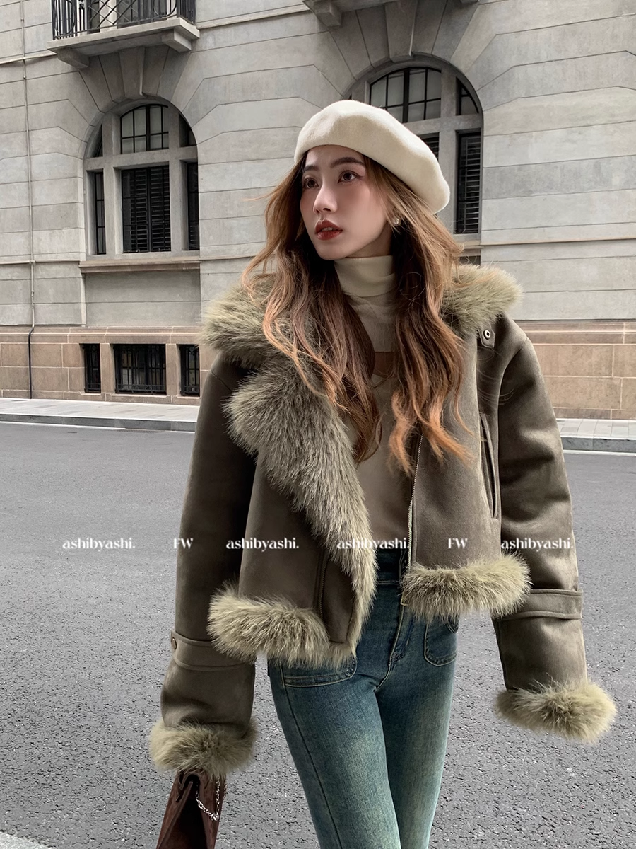 Greater than poetry collection, fur one-piece jacket, suede short motorcycle jacket, women's slim Korean style casual jacket, winter