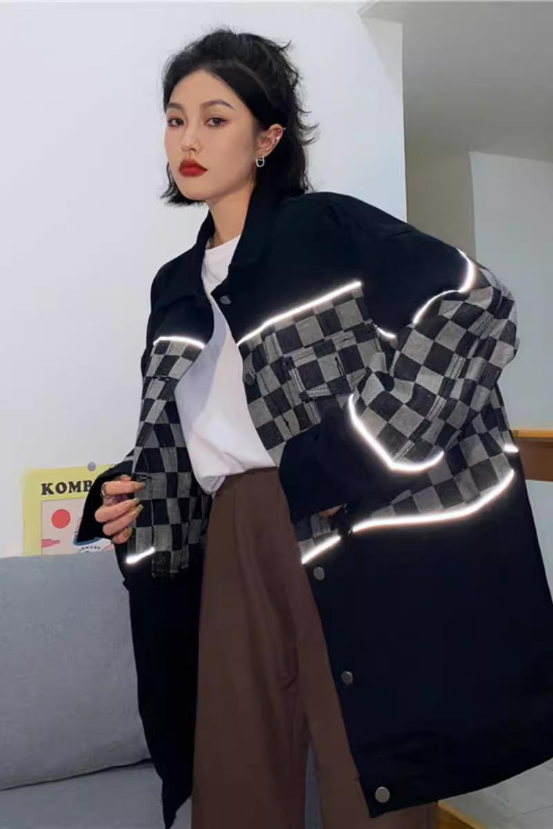 黑色棋盤格牛仔外套女春秋寬鬆韓版