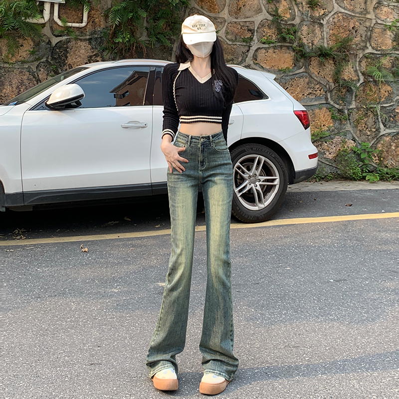 實拍2023秋季時尚復古高街做舊水洗微喇牛仔褲女