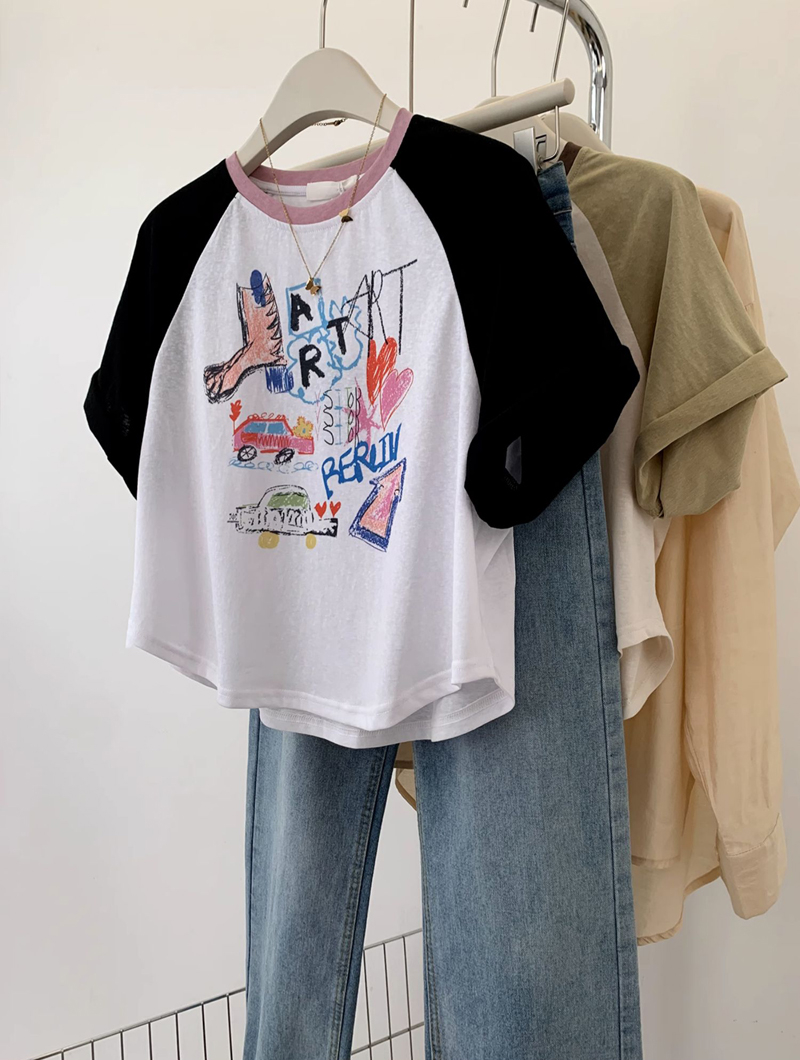 Pure cotton back strip 200g combed tightly New short-sleeved T-shirt women's raglan sleeves printed Tmall quality