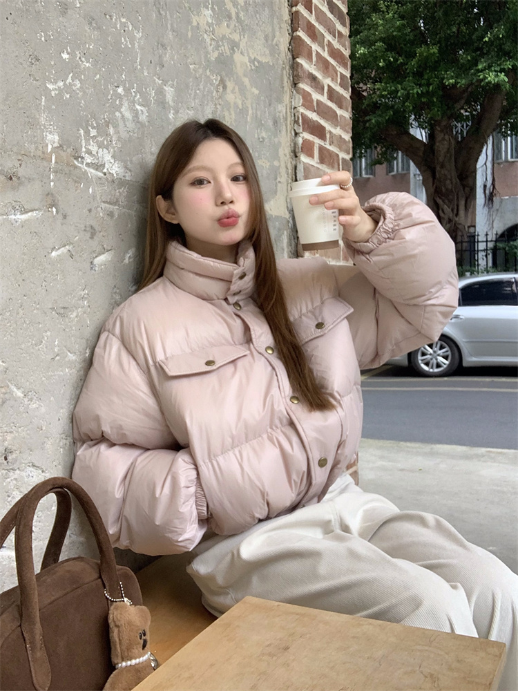 Real shot!  Stand-up collar pocket bread cotton coat, fashionable and versatile for small people, slim and warm cotton coat