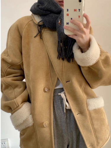 Suede short coat for women in autumn and winter lamb wool new style small fragrant style fur integrated lamb wool cotton coat winter